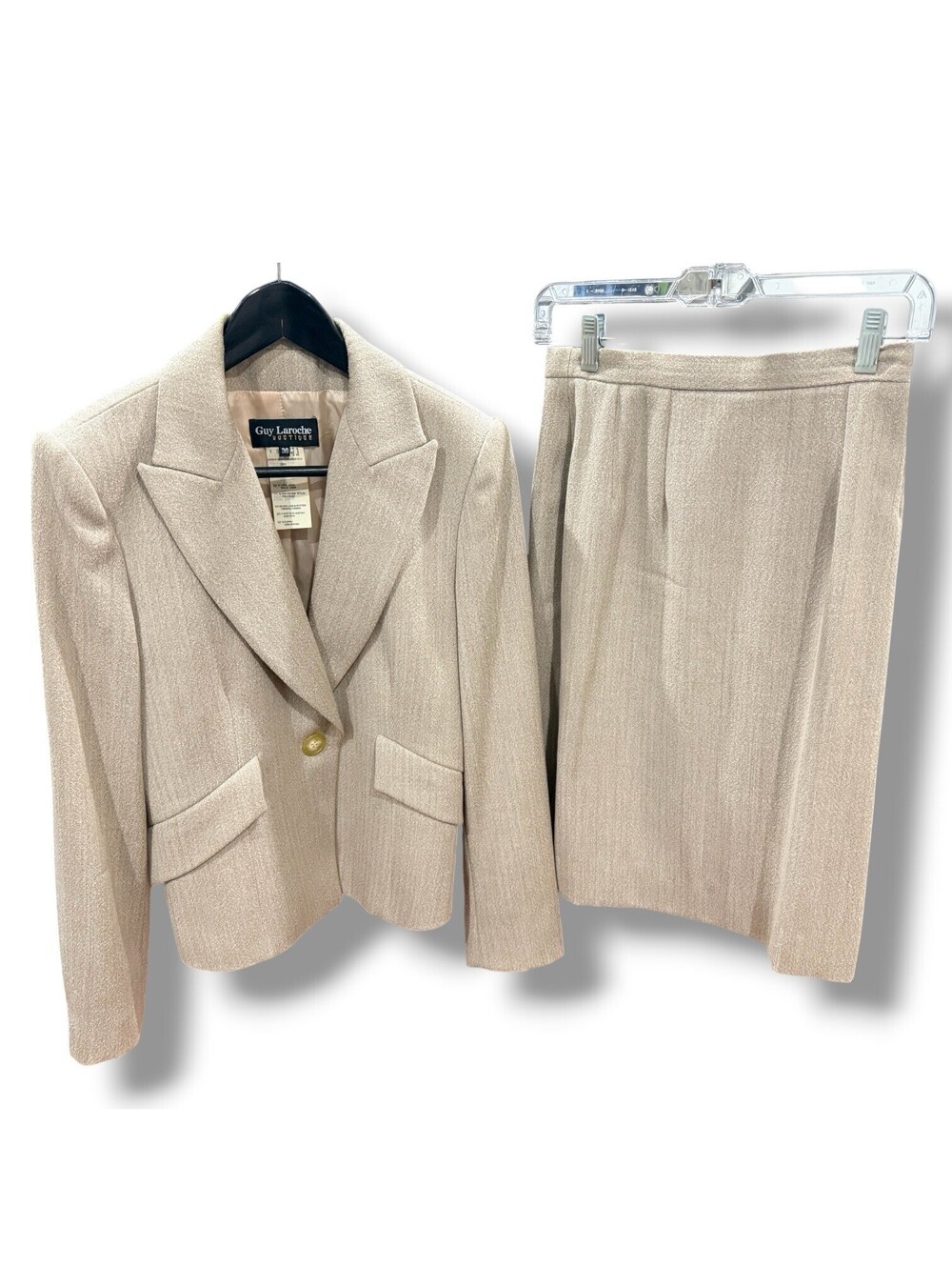 Vintage Guy Laroche Boutique France Wool Blazer Skirt Suit Womens 36 Beige